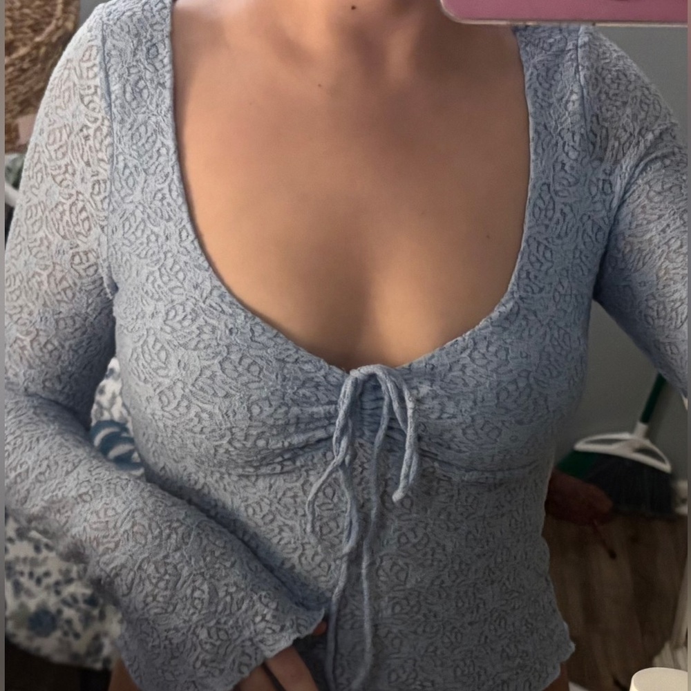 Blue Lace Tie-Front Top